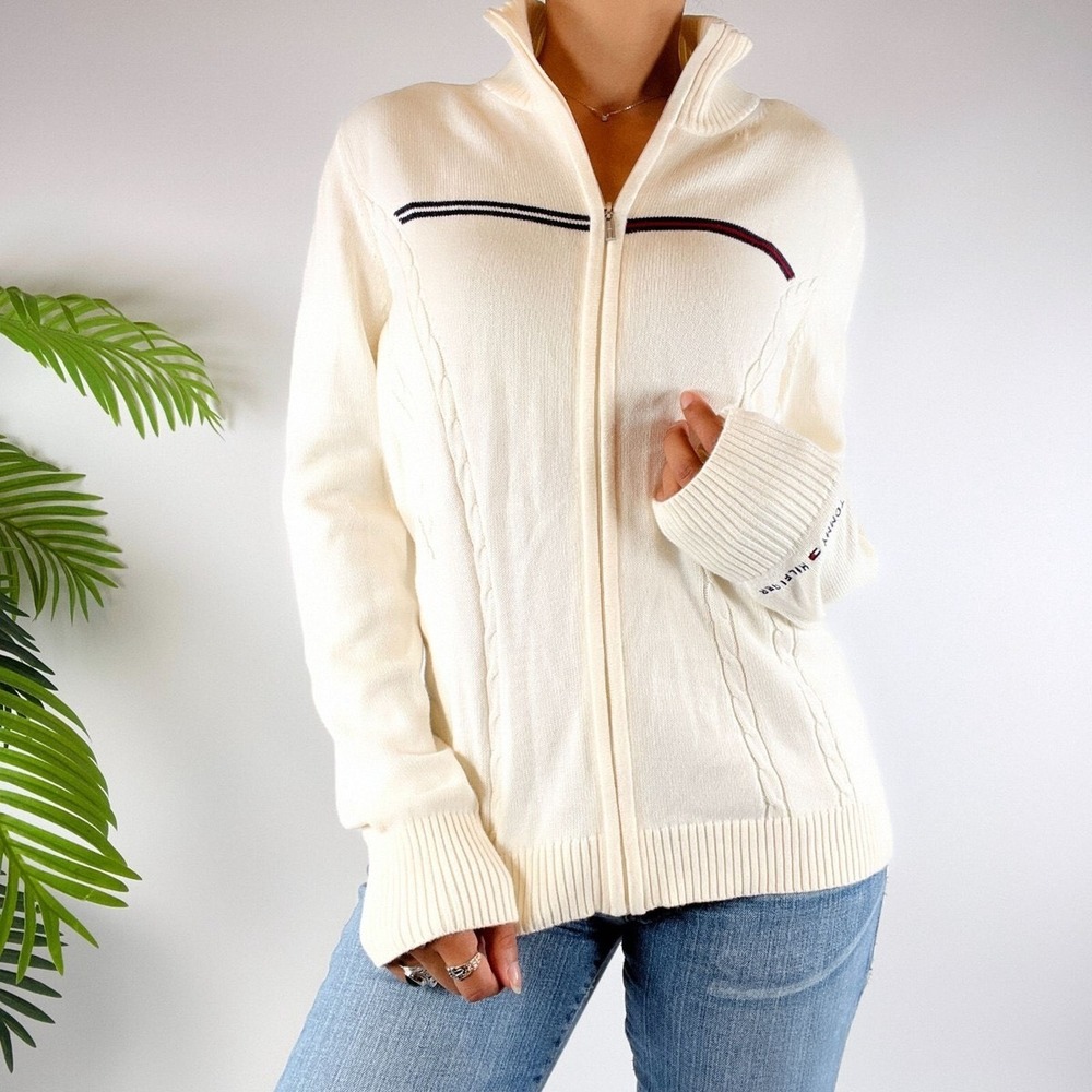 Tommy‎ Hilfiger White Knit Full Zip Cardigan Sweater Women's Size Medium